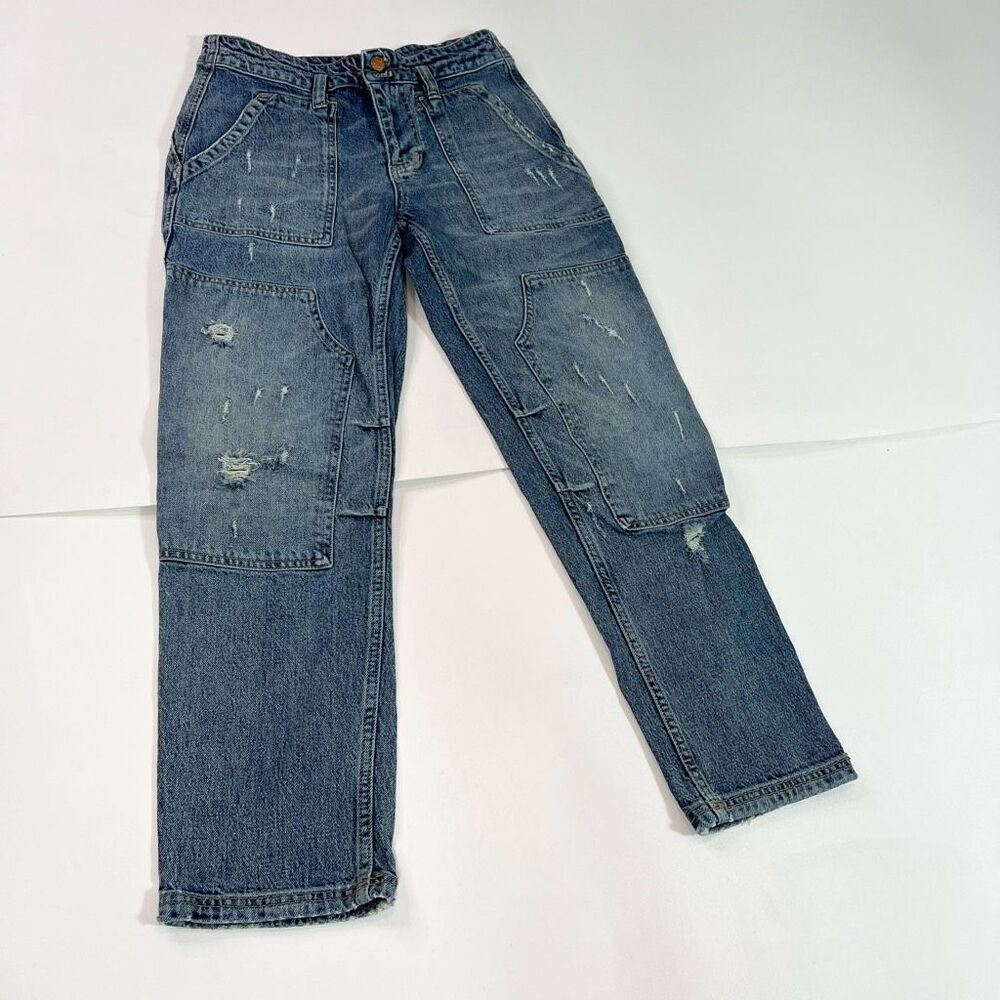 Pilcro Jeans Womens Size 28 Blue Medium-Wash Mid-Rise Straight-Leg Distressed De